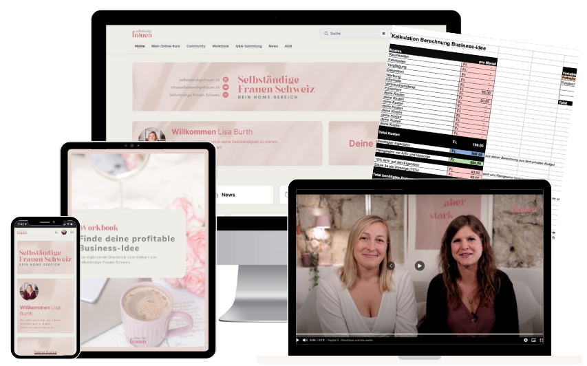 Abbildung des erfolgreichen Onlinekurses für angehende (teil-)selbständige Frauen in der Schweiz.